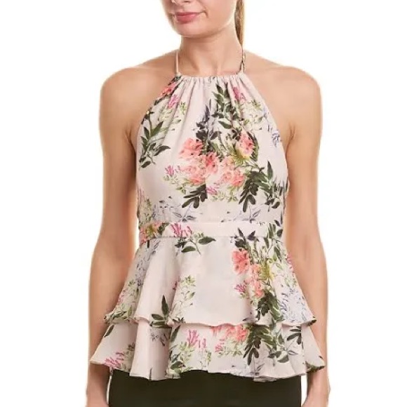 Parker Pink Floral Ruffle Keyhole Halter Top Nwot